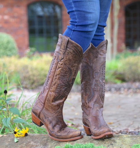 Corral Vintage Brown Tall Eagle Overlay Boots R2295 Picture