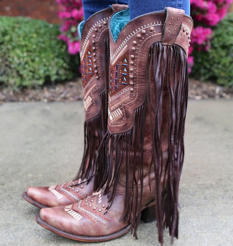  Corral Cognac Multicolor Crystal Pattern and Fringe Boots C2929