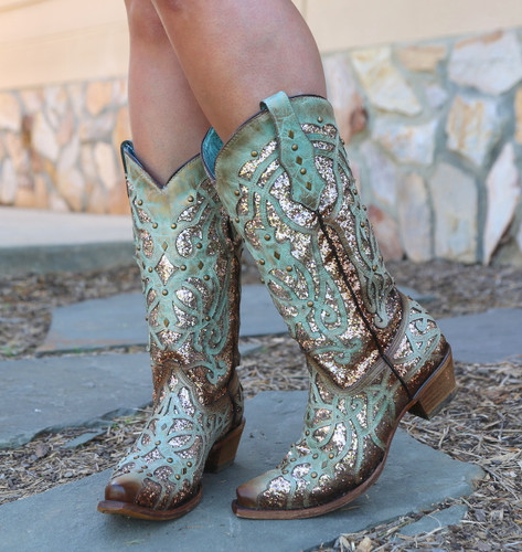 Corral Mint Glittered Inlay and Studs Snip Toe Boots C3332 Toe