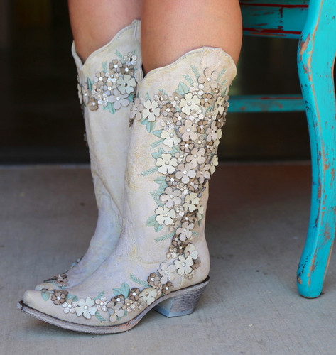 Corral White Floral Overlay Embroidery Studs Crystals Boots A3600 Side