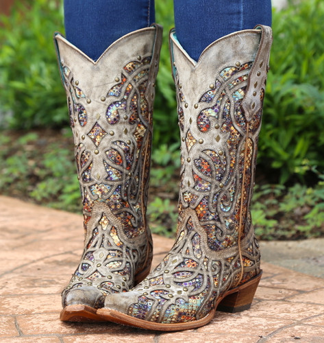 Corral Taupe Inlay and Studs Snip Toe Boots C3409 Photo