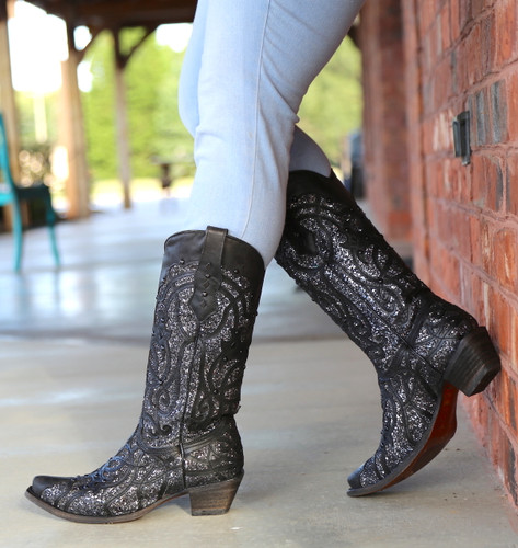 Corral Black Glitter Inlay and Studs Snip Toe Boots C3423 Image