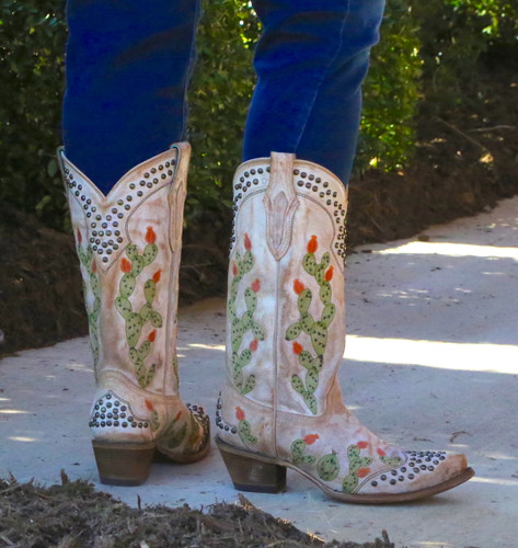 Corral Saddle Nopal Cactus Embroidery and Studs Boots C3463 Heel