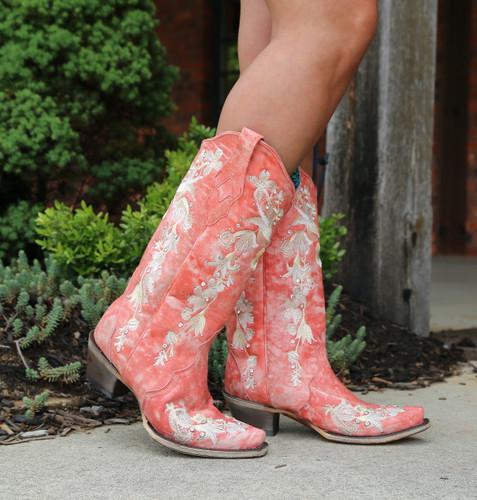 Corral Coral Flower Embroidery Crystal Studs Boots A4238 Toe