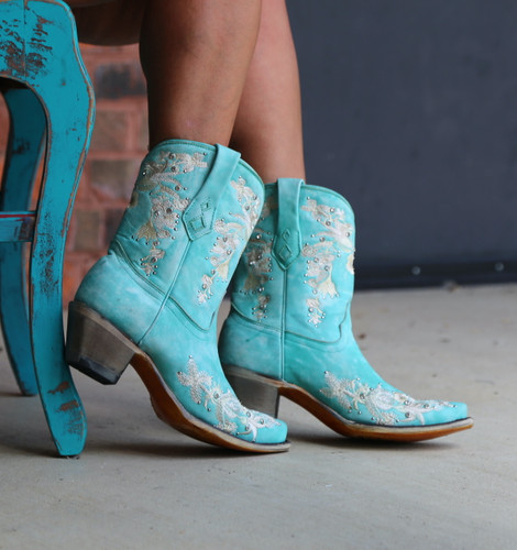 Corral Turquoise Floral Embroidery Studs Crystals Ankle Boot A4316 Image