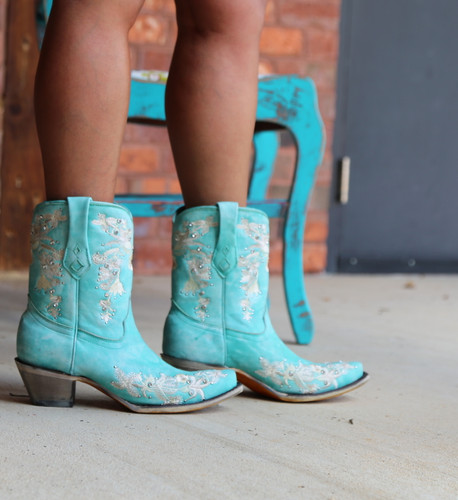 Corral Turquoise Floral Embroidery Studs Crystals Ankle Boot A4316 Photo