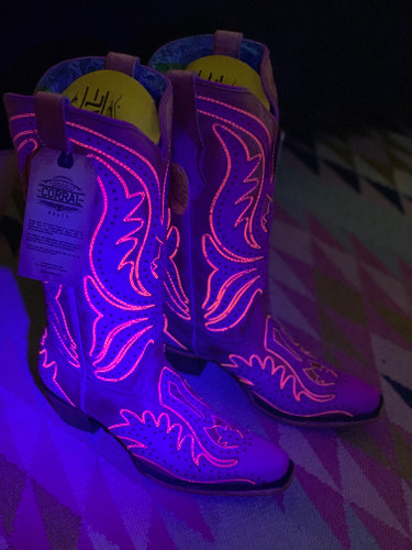 Corral Pink Neon Overlay Fluorescent Embroidery Studs Boots C3970 Glow Effect