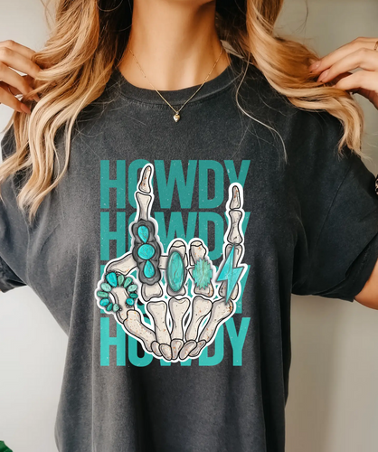 Howdy Turquoise Skeleton Hand Tee Pepper Picture