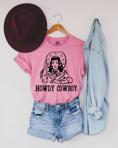 Howdy Cowboy Western Graphic Tee Bubblegum Picture