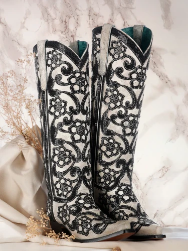 Corral White Black Overlay Sequin Floral Embroidery Tall Boots A4866 Picture