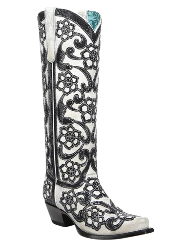 Corral White Black Overlay Sequin Floral Embroidery Tall Boots A4866 Image