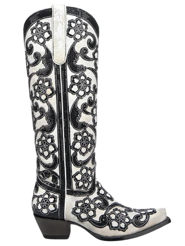 Corral White Black Overlay Sequin Floral Embroidery Tall Boots A4866 Photo