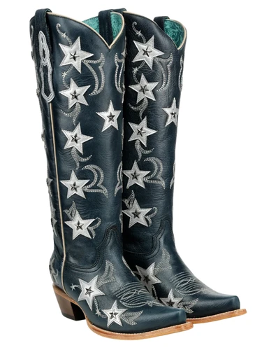 Corral Navy Blue Embroidery Star Stud Tall Top Boots Z5550 Picture