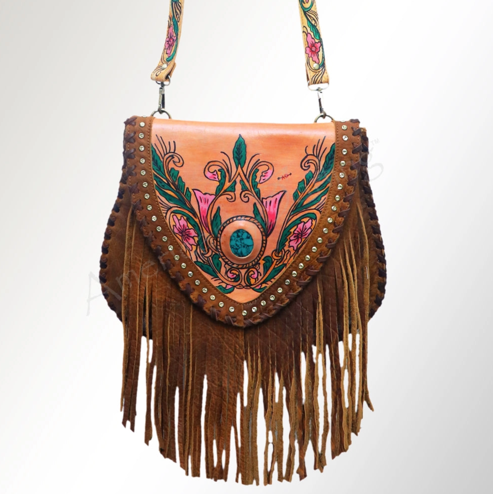 Bohemian Purse Leather Fringe Carved Crossbody Tooled Purse 