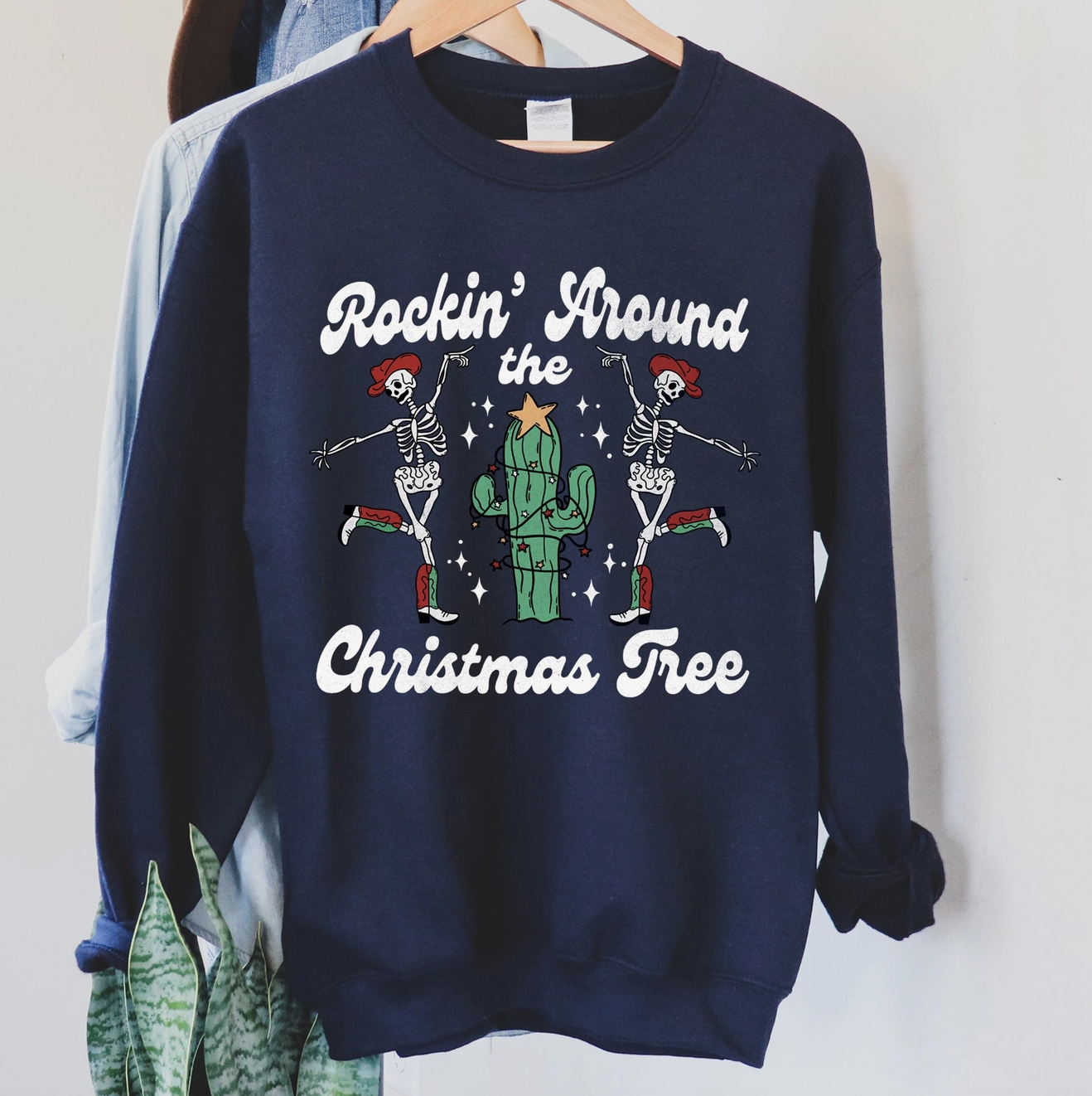 Rockin' Around the Christmas Tree Skeletons Sweatshirt Navy