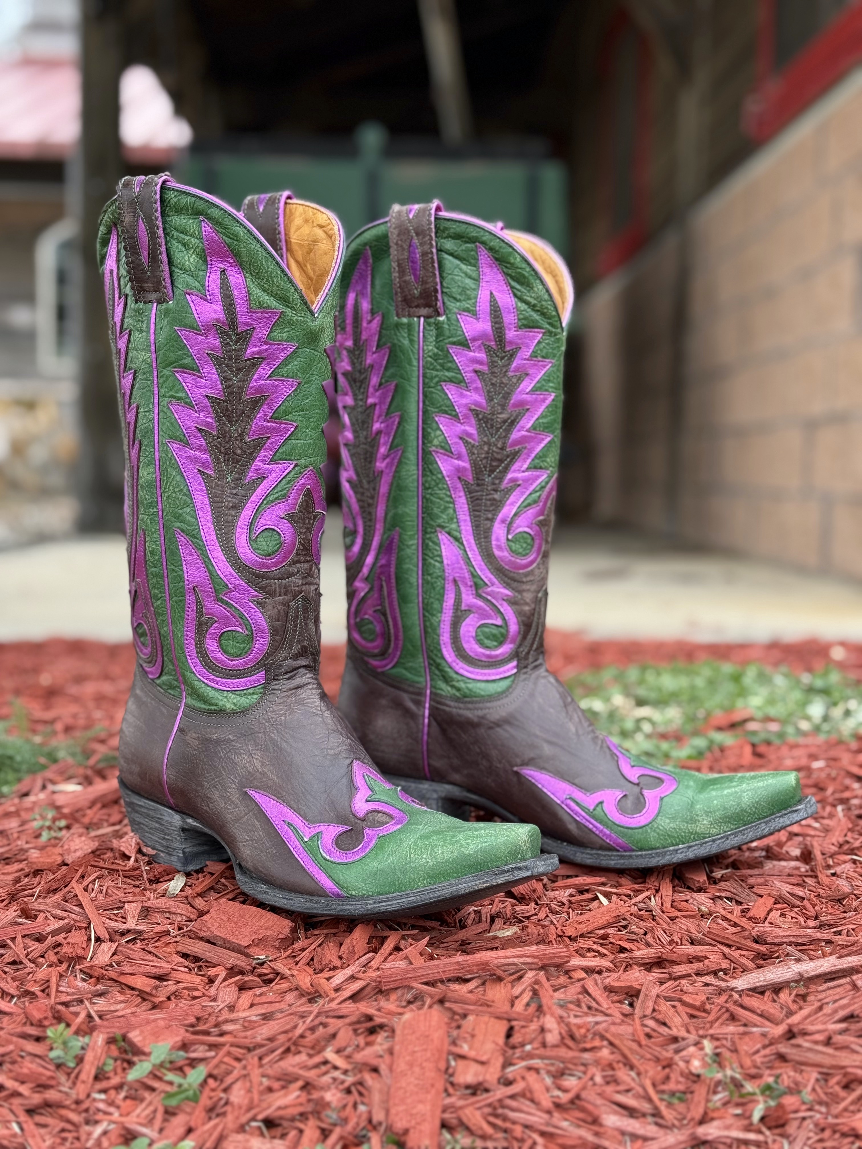 Freshy Green & Purple High-Top Suede Boots with Gold Accents Green Cowgirl Boots | Olive & Light Green Western Styles main image 2