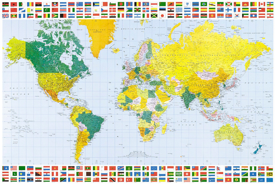 world map poster with flags