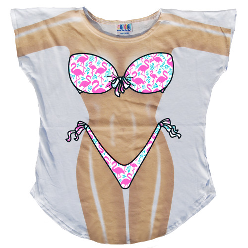 2 Pieces Funny Bikini Printed Tshirt Oversized Shirt, Novelty Bathing Suit