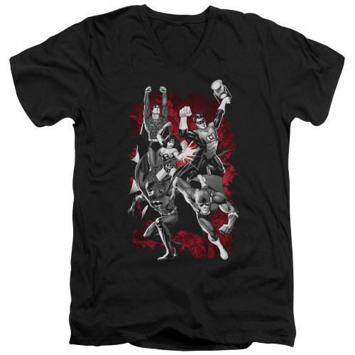 Image for Justice League of America V Neck T-Shirt - JLA Explosion