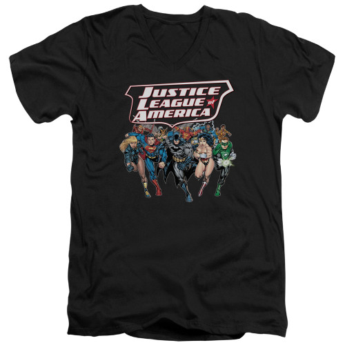 Image for Justice League of America V Neck T-Shirt - Charging Justice