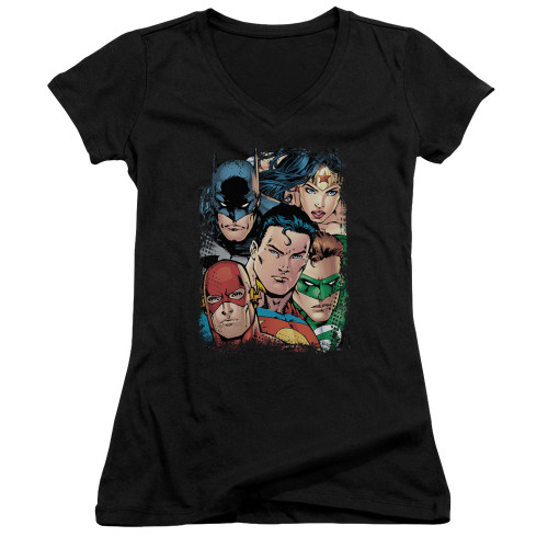 Image for Justice League of America Girls V Neck - Up Close and Personal