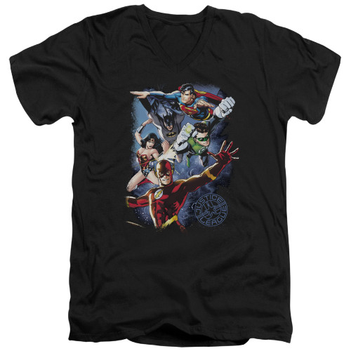 Image for Justice League of America V Neck T-Shirt - Galactic Attack Color