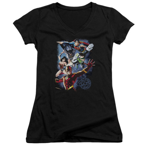 Image for Justice League of America Girls V Neck - Galactic Attack Color