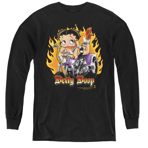 Image for Betty Boop Youth Long Sleeve T-Shirt - Biker Flames Boop