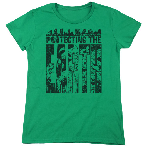 Image for Justice League of America Woman's T-Shirt - Protecting The Earth