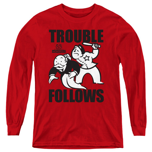 Image for Monopoly Youth Long Sleeve T-Shirt - Trouble Follows