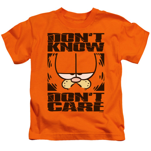 Image for Garfield Kids T-Shirt - Don't Know Don't Care on Orange