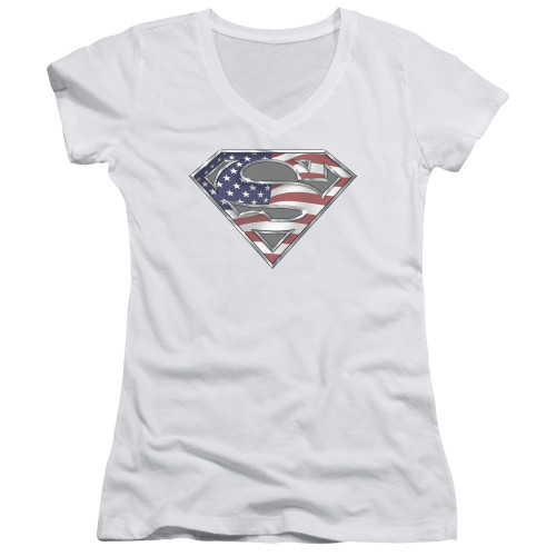 Image for Superman Girls V Neck T-Shirt - All American Shield on White