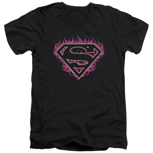 Image for Superman V-Neck T-Shirt Fuchsia Flames Shield Logo