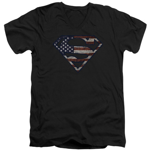 Image for Superman V-Neck T-Shirt Wartorn Flag Logo