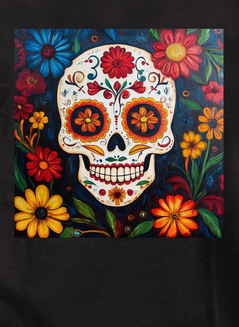 Close up Sugar Skull Flowers Juniors V-Neck T-Shirt