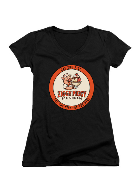 Black Ziggy Piggy Eat the Pig Juniors V-Neck T-Shirt