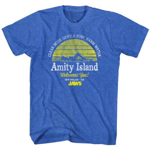 Image for Jaws T-Shirt - Amity Island Clear Skies Gentle Surf Warm Water