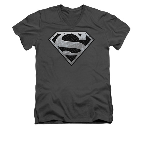 Image for Superman V Neck T-Shirt - Super Metallic Shield