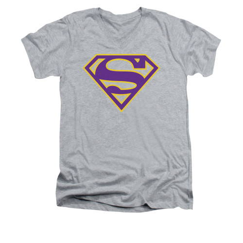 Image for Superman V Neck T-Shirt - Purple & Gold Shield