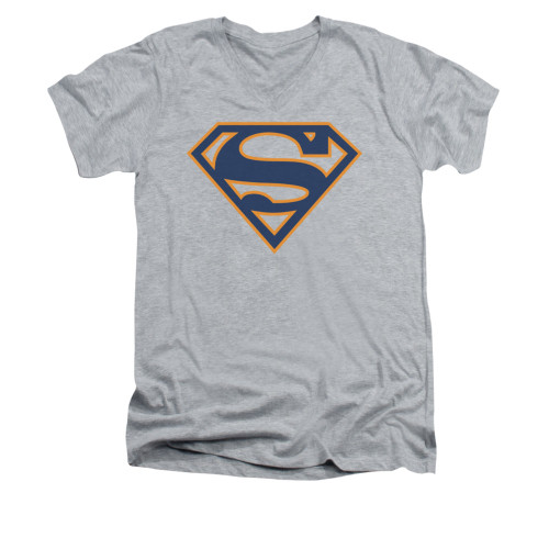 Image for Superman V Neck T-Shirt - Navy & Orange Shield