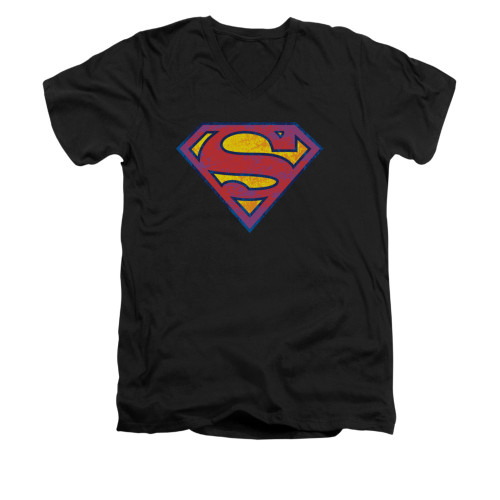 Image for Superman V Neck T-Shirt - Sm Neon Distress Logo