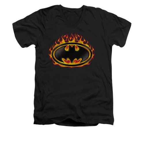 Image for Batman V Neck T-Shirt - Bat Flames Shield
