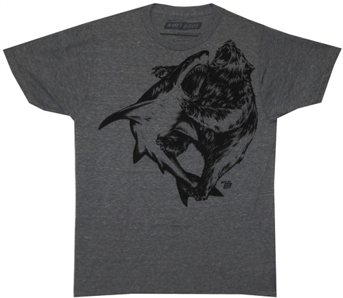 Image Closeup for Ames Bros Shark vrs Bear T-Shirt Grey