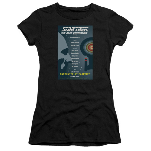 Image for Star Trek the Next Generation Juan Ortiz Episode Poster Juniors T-Shirt - Season 1 Ep. 2 - Encounter at Farpoint Part One on Black