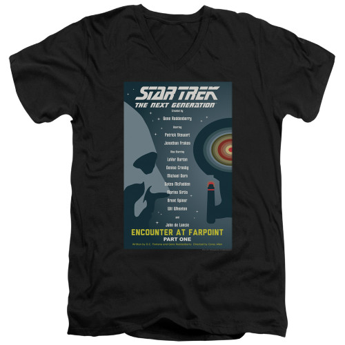 Image for Star Trek the Next Generation Juan Ortiz Episode Poster V Neck T-Shirt - Season 1 Ep. 2 - Encounter at Farpoint Part One on Black