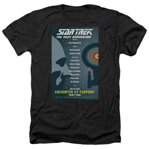 Image for Star Trek the Next Generation Juan Ortiz Episode Poster Heather T-Shirt - Season 1 Ep. 2 - Encounter at Farpoint Part One on Black