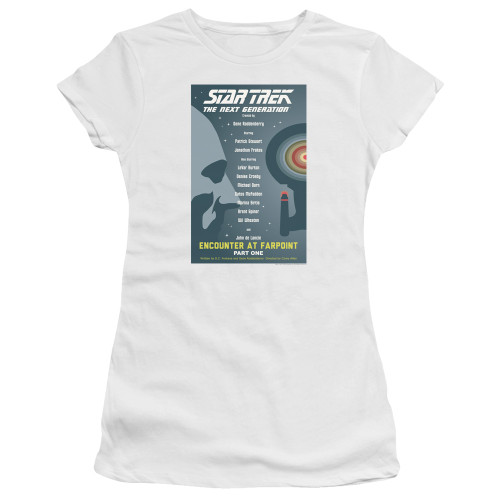 Image for Star Trek the Next Generation Juan Ortiz Episode Poster Juniors T-Shirt - Season 1 Ep. 2 - Encounter at Farpoint Part One