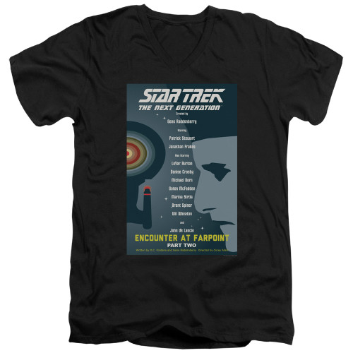 Image for Star Trek the Next Generation Juan Ortiz Episode Poster V Neck T-Shirt - Season 1 Ep. 2 Encounter at Farpoint Part Two on Black