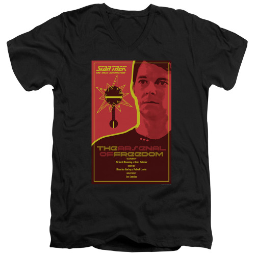 Image for Star Trek the Next Generation Juan Ortiz Episode Poster V Neck T-Shirt - Season 1 Ep. 21 the Arsenal of Freedom on Black