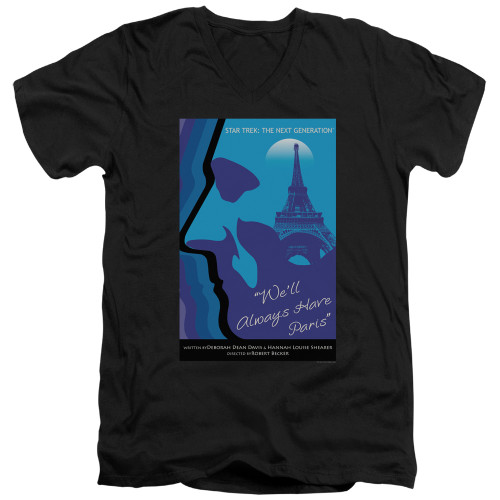 Image for Star Trek the Next Generation Juan Ortiz Episode Poster V Neck T-Shirt - Season 1 Ep. 24 We'll Always Have Paris on Black